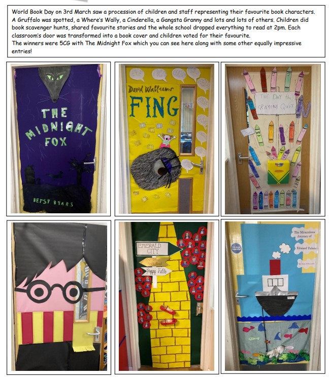Pictures of some school doors that have been decorated as book covers